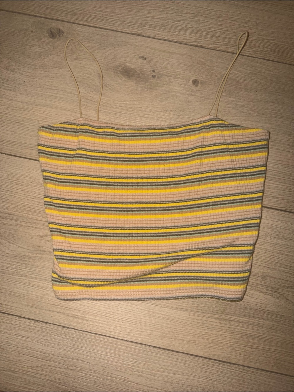 Striped Ribbed Spaghetti Strap Crop Top - Yellow & Pink